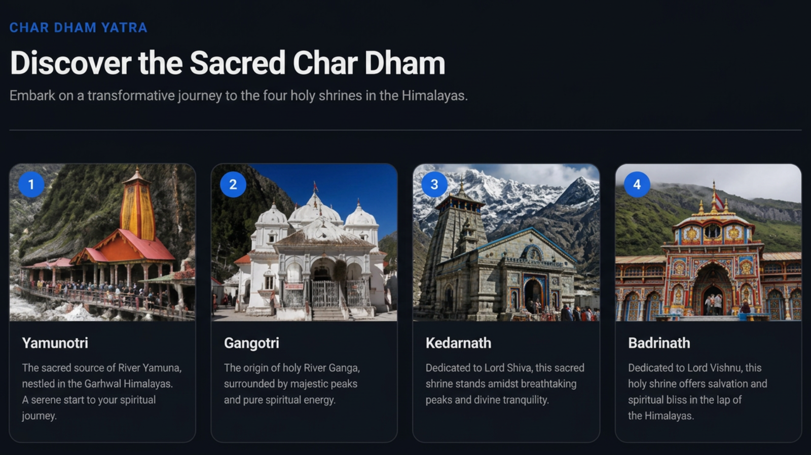 Char Dham Yatra pilgrimage covering Yamunotri, Gangotri, Kedarnath, and Badrinath