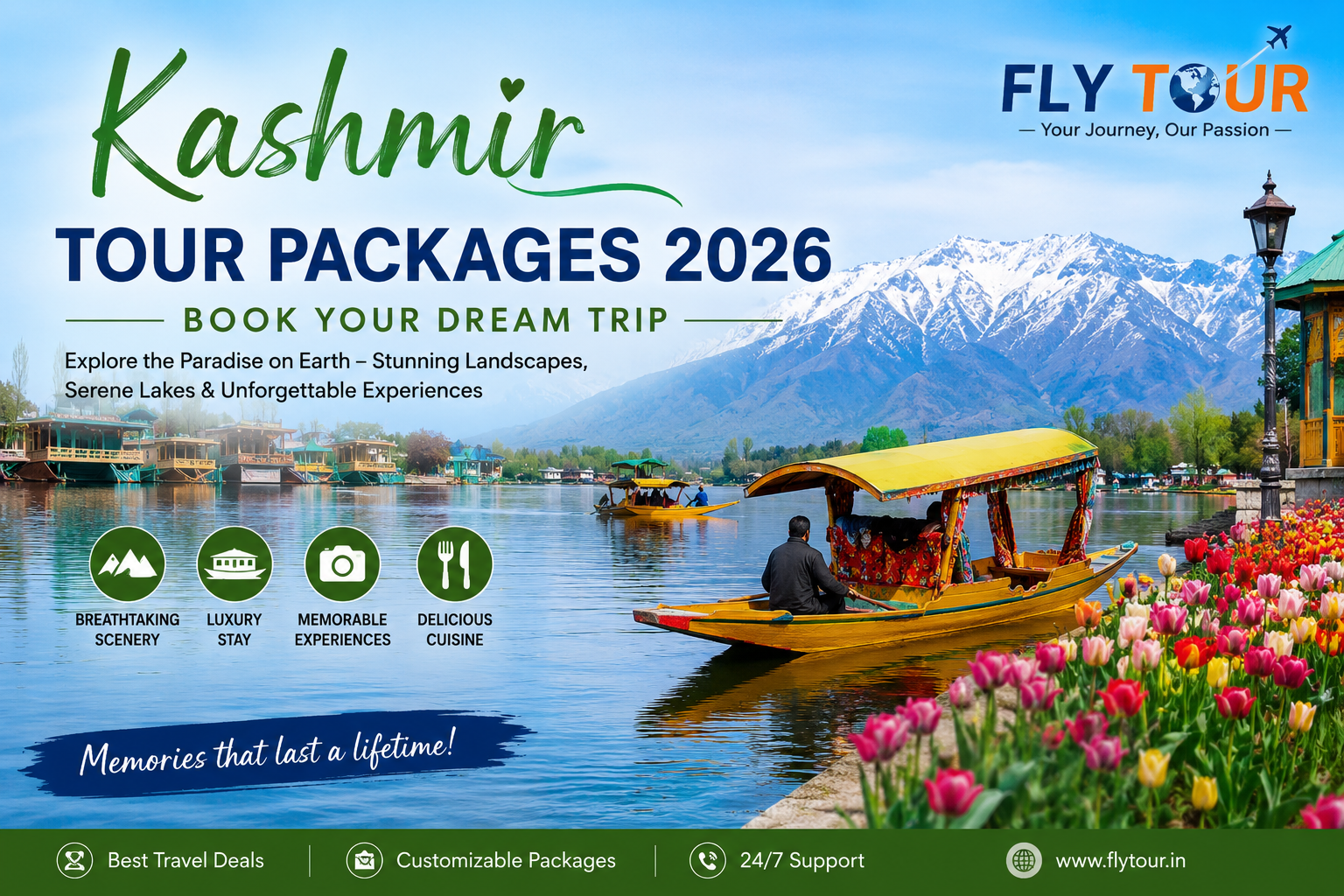 Kashmir Tour Packages 2026 featuring a scenic Dal Lake view with colourful shikaras, houseboats, vibrant tulip gardens, and snow-covered Himalayan mountains